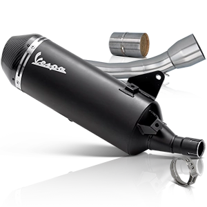 Scarico Vespa nero con accenti argentati e tubi di montaggio coordinati.